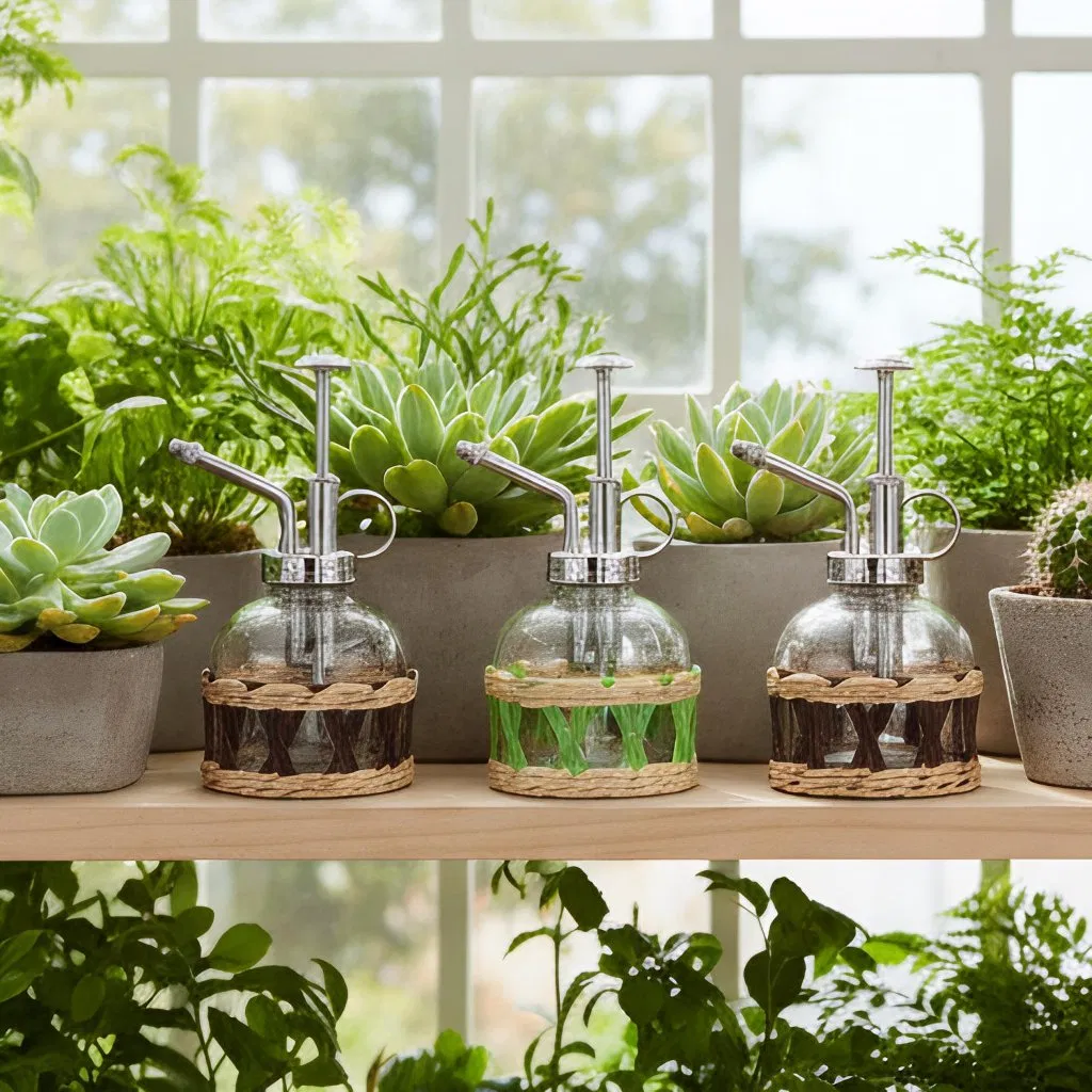 Стильный стеклянный опрыскиватель из лозы для дома и сада