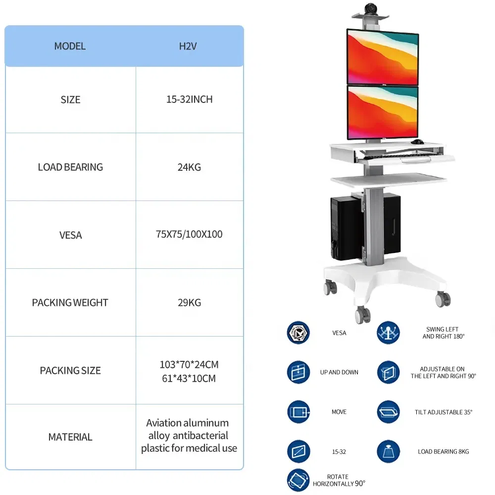 Versatile Medical Trolley with Dual Monitor Mount for Healthcare
