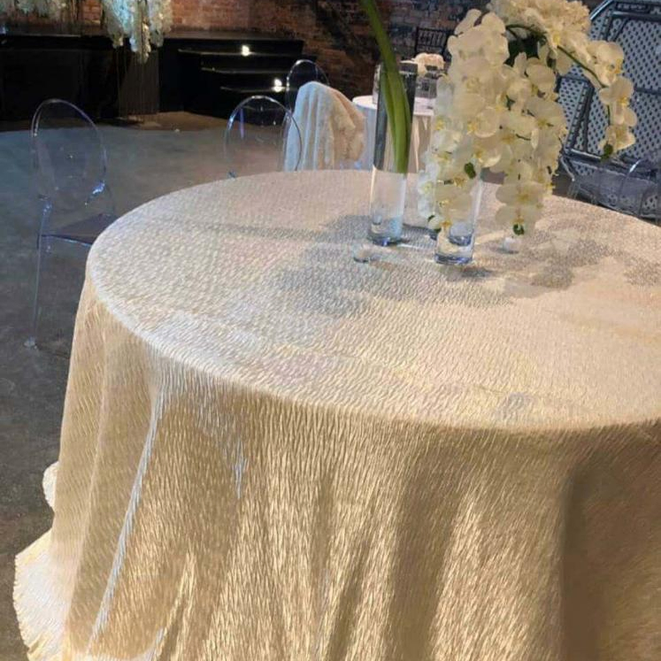 China Round Champagne Satin Crumple Round Table Cover Cloth for Wedding Double Layers Designer
