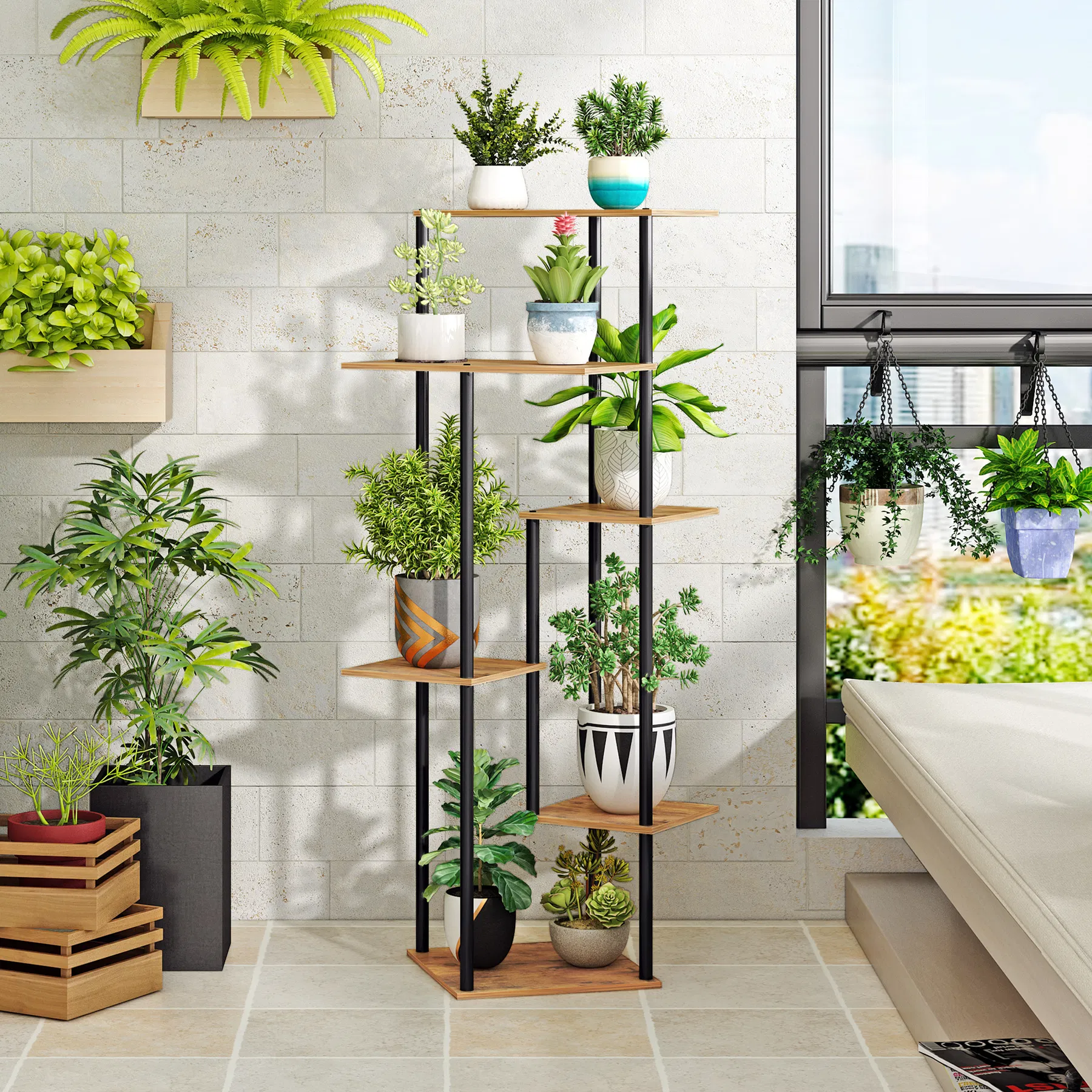 6-Tier Indoor Corner Brown Flower Pots Plant Rack Stand for Living Room