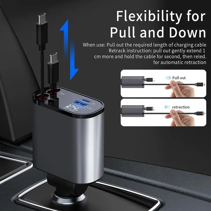 Fast Retractable Car Charger Type C Car Charger Fast Charge Pd 120W 2 Retractable 4 in 1 Cables and USB Port Car Charger Adapter