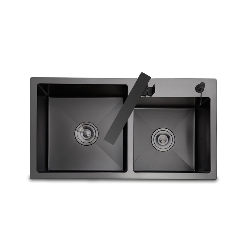 Nano Black Double Bowl Handmade Drop-in Kitchen Sink-Basin with Faucet, Factory Wholesale