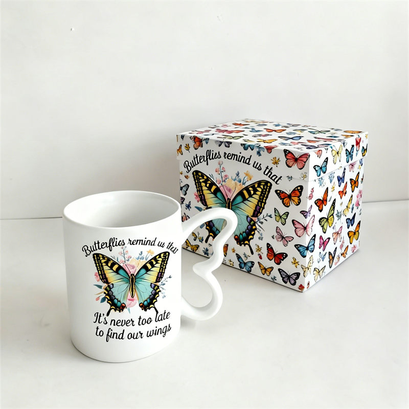 Manufacturer Wholesale Ceramic Sublimation Coffee Cup High Quality Porcelain Butterfly Mug Custom Logo Printing with Cardboard Gift Box