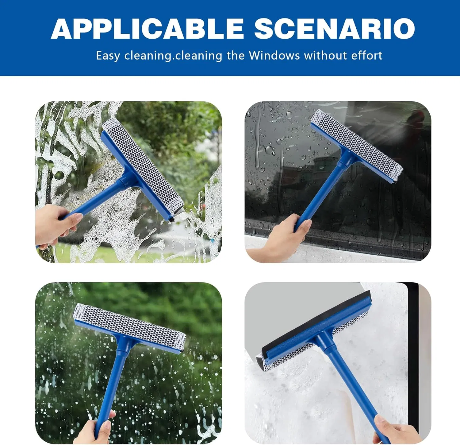 Window Squeegee for Car,2 in 1 Squeegee Window Cleaner with Long Stainless Steel Handle,Sponge Car Window Squeegee for Gas Station, Glass,Shower (Plastic Pole)