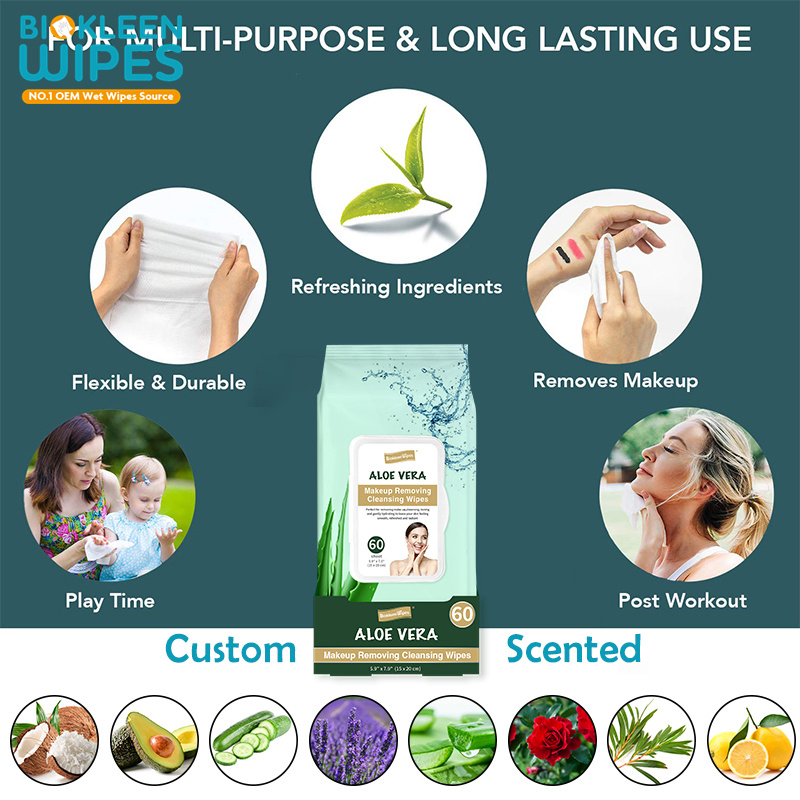 Biokleen OEM Free Sample 60CT 15X20cm Aloe Vera Makeup Removing Cleansing Face Wipes Makeup Remover Facial Cleansing Cloth Wipes