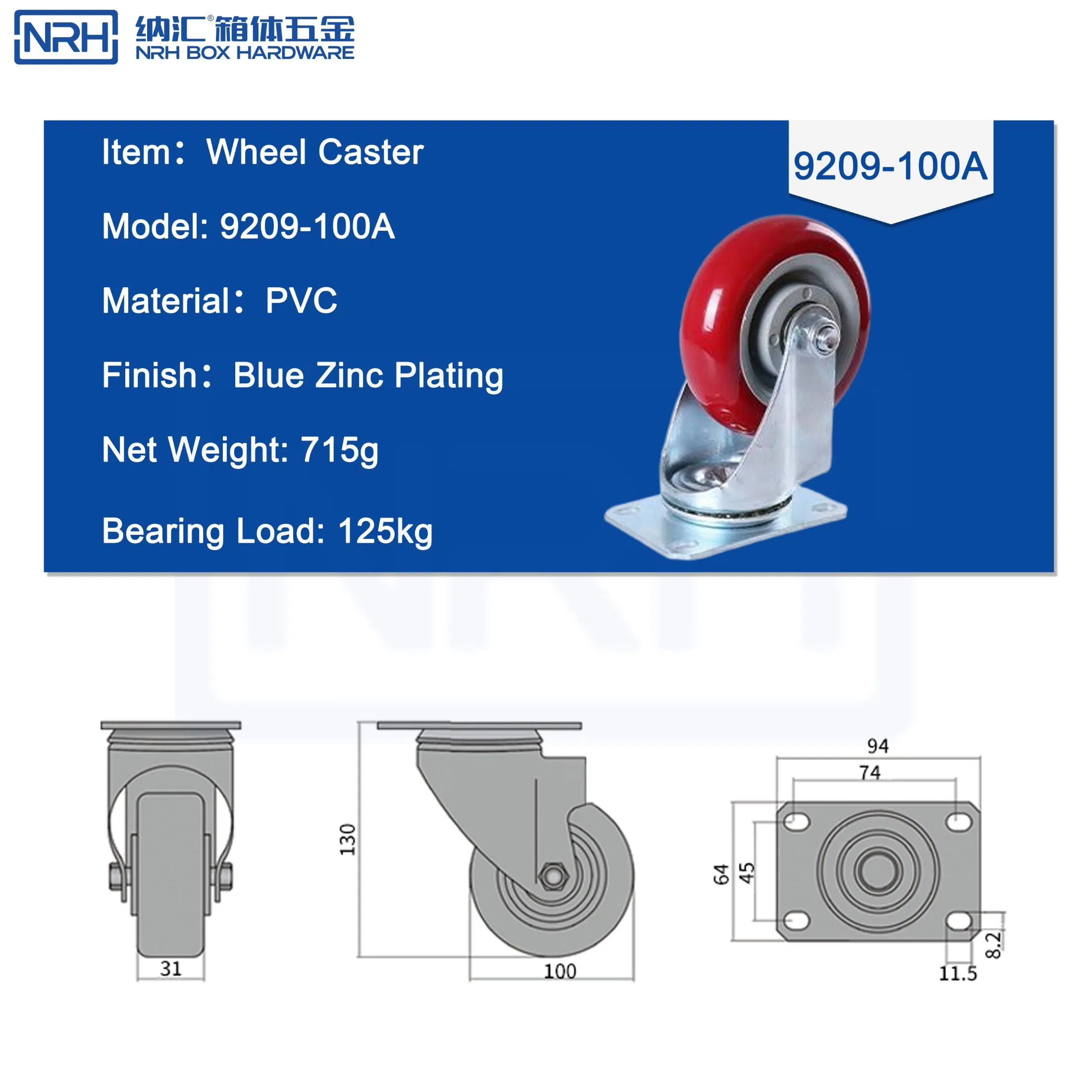 Nrh 9209-100b Heavy Duty Plate Swivel Caster Wheel 125kg Load RoHS