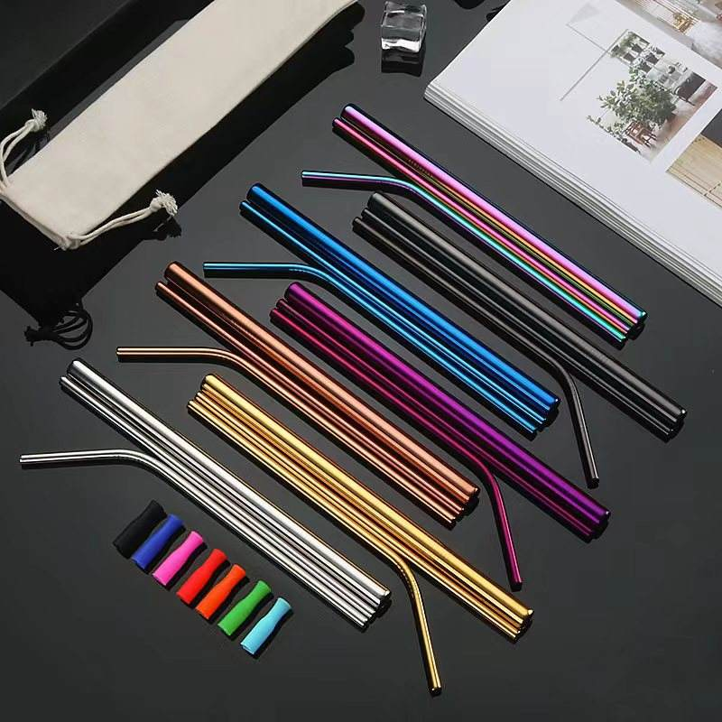304 Stainless Steel Straws Set with Brush Metal Case Bar Accessories