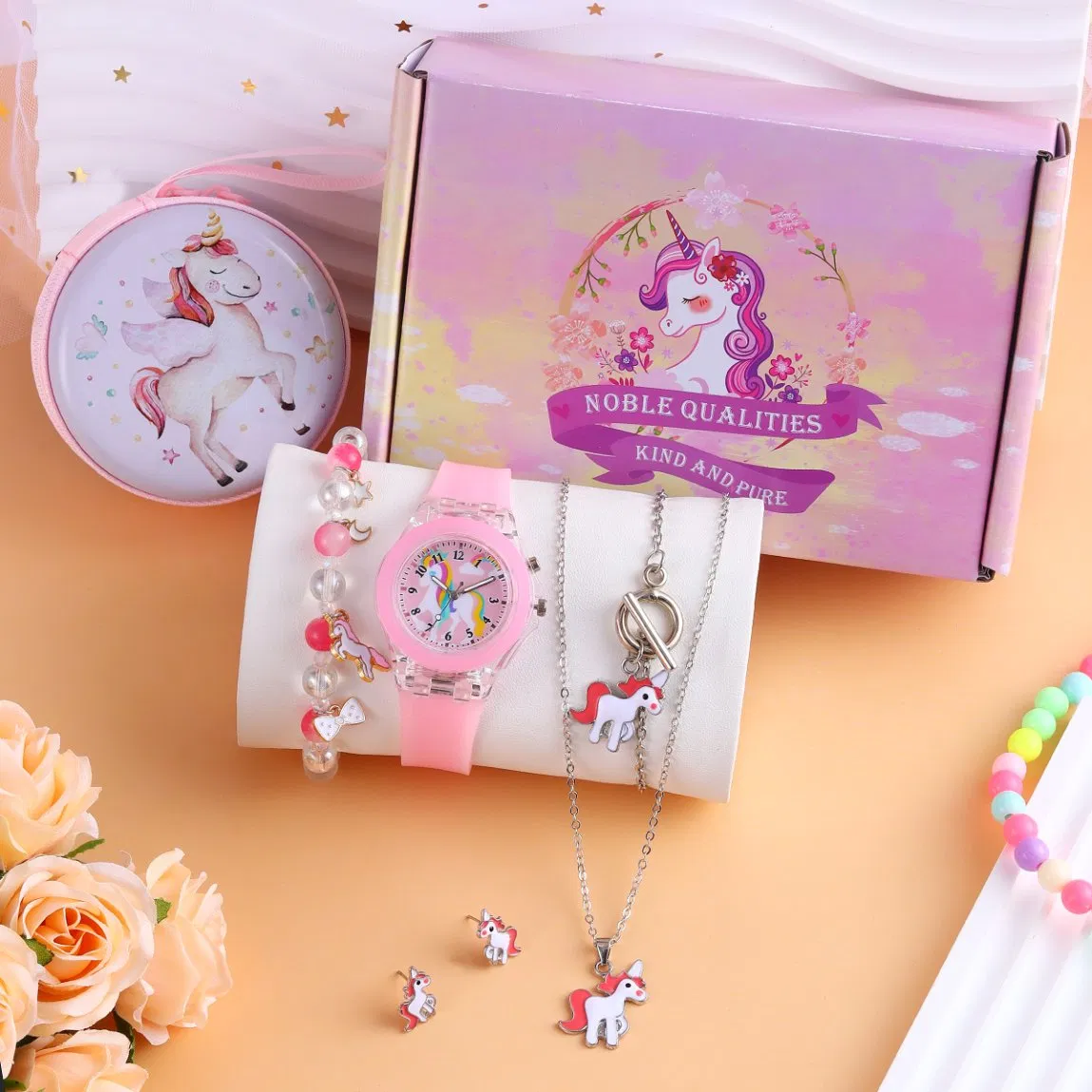 Girl Pink Gift Quartz Watch Jewelry Set with a Box