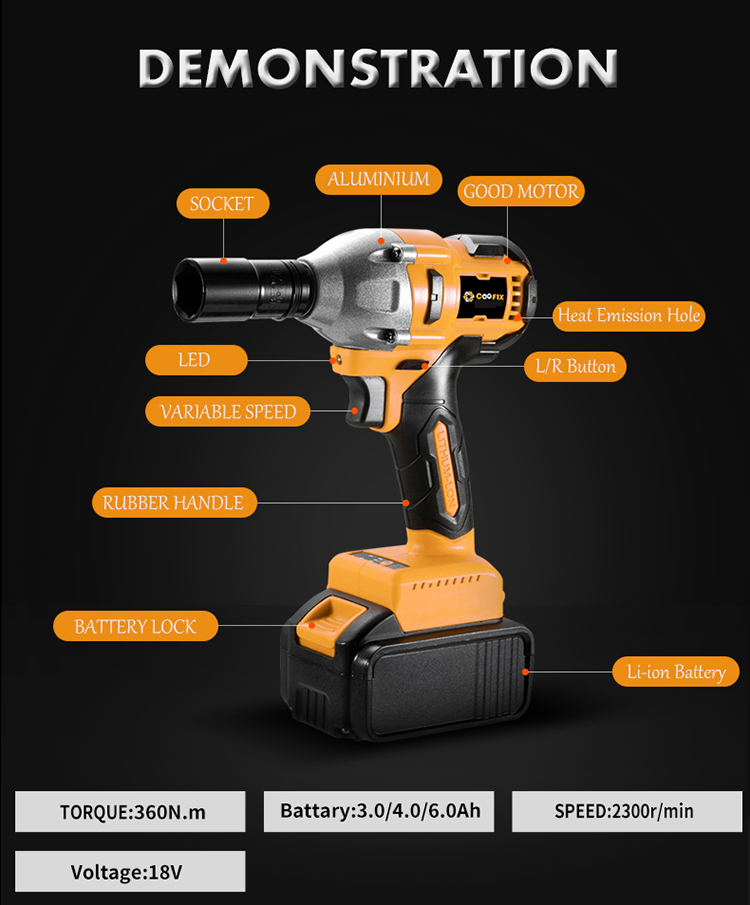 Coofix 12V 20V Industry Cordless Brushless High Torque 650n Battery Electric Impact Wrench