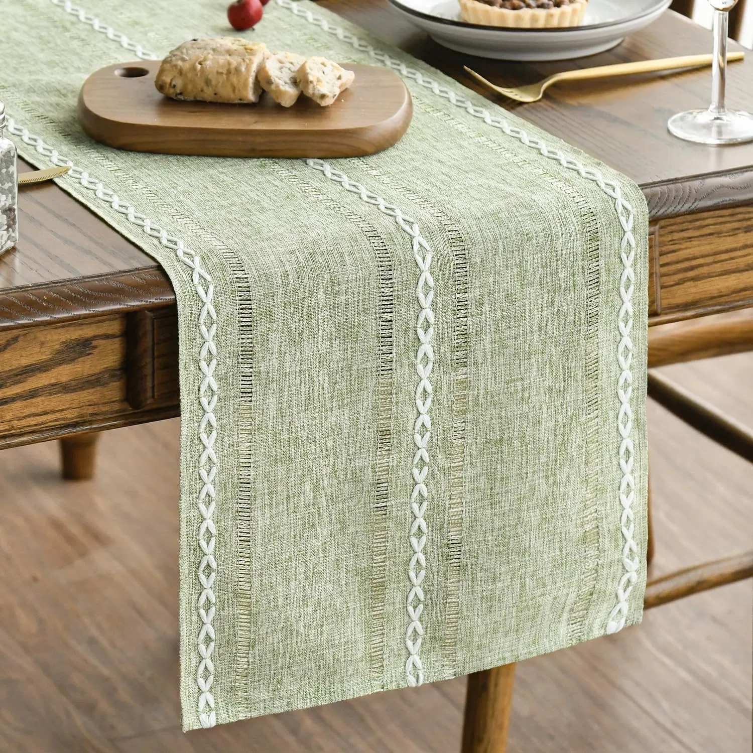 Sage Green Rustic Cotton Linen Table Runner for Home Party Decor