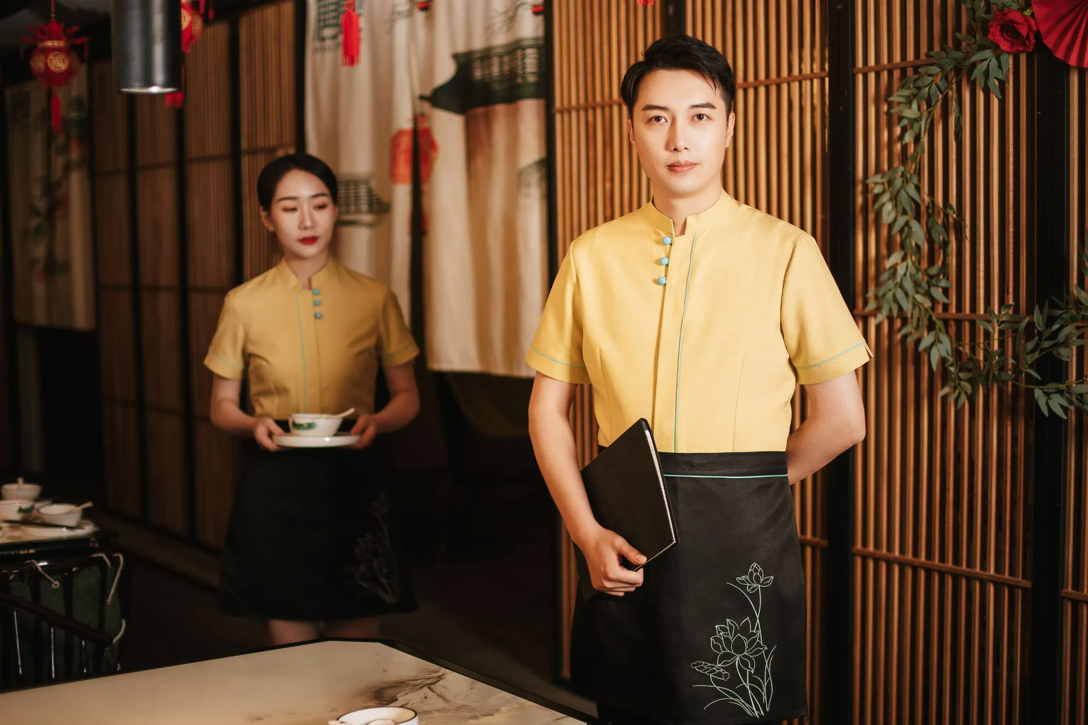 Csjd-019#Embroidered Lotus Waiter Work Clothes Apron