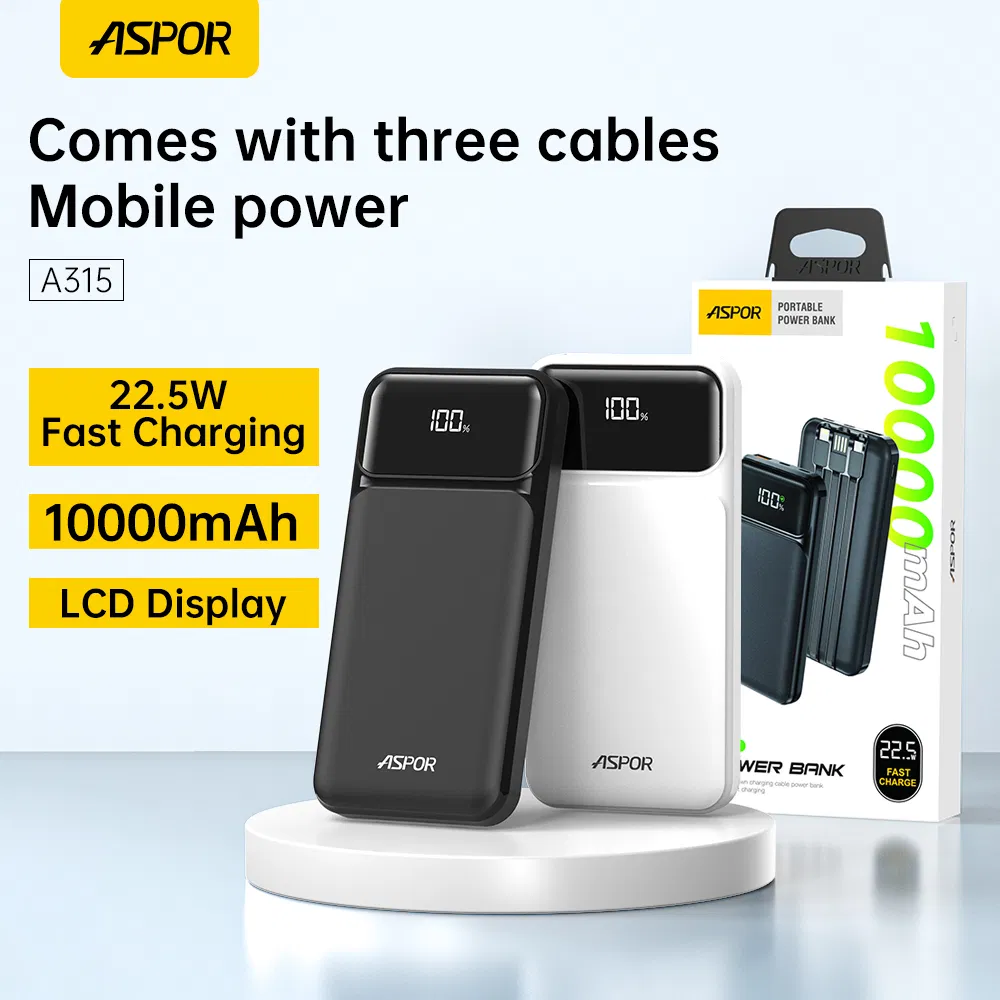 Aspor A315 Fast Charging 10000mAh Power Banks Built-in Micro/Type-C/Lighting USB Cables
