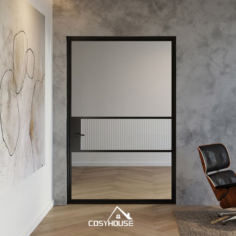 Minimalist Arched Glass French Interior Door Set – Double Swing Design with Black Aluminum Frame