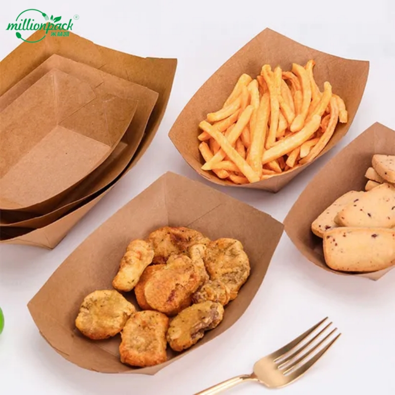 Grease Resistant Boat-Shaped Tray Kraft Paper Containers for Fried Chicken and Snack