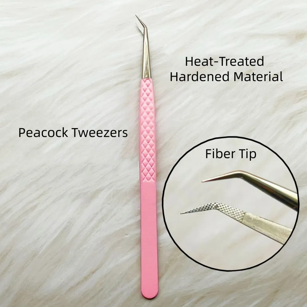 Professional Sharp Angled Curved Slanted Pink Fiber Tip Lash Eyelash Extension Tweezers