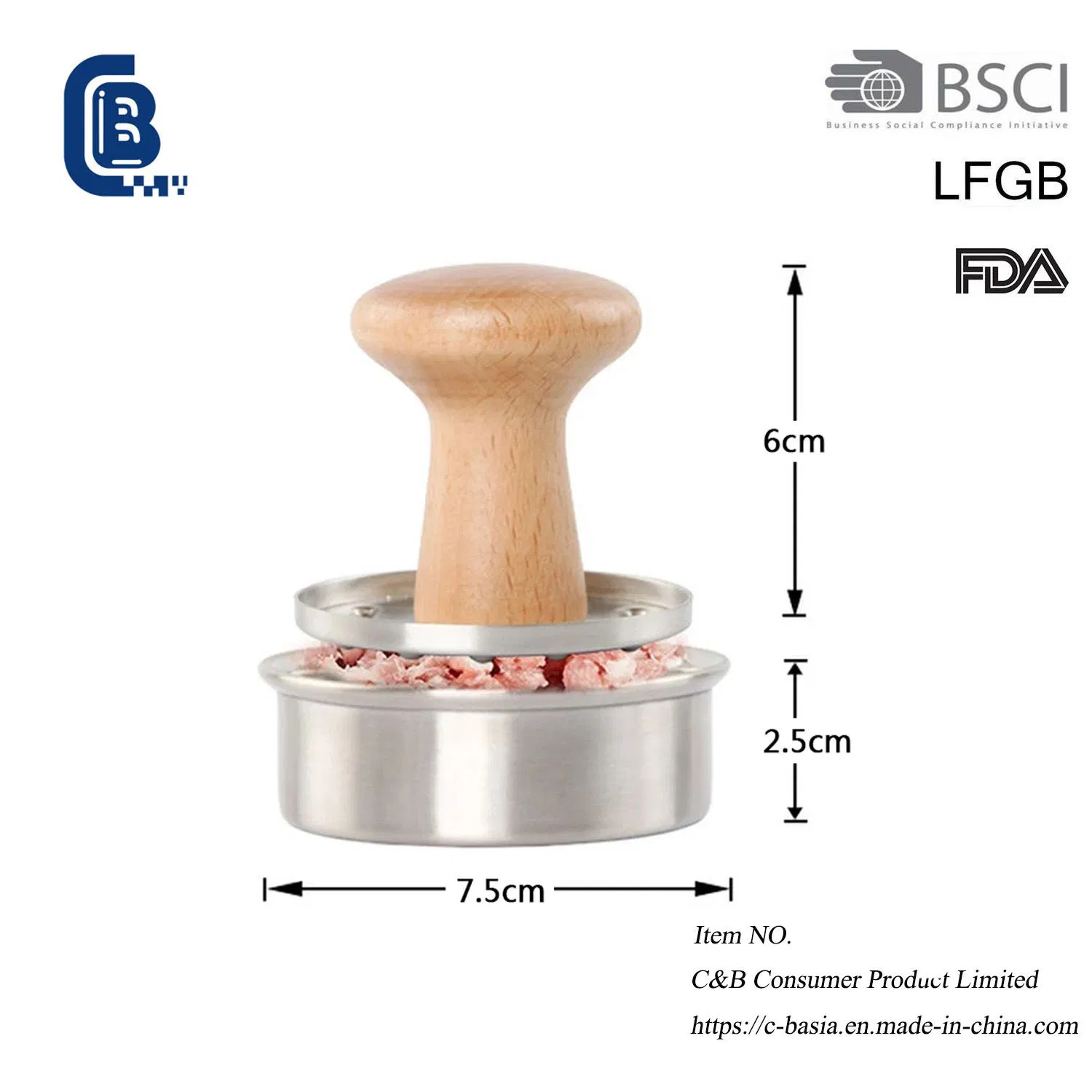 Durable Heat-Insulated Wooden Handle Stainless Steel Steak & Burger Patty Press