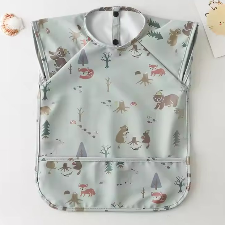 Waterproof PU Feeding Smock with Button Closure Short Sleeve Child Apron with Pocket