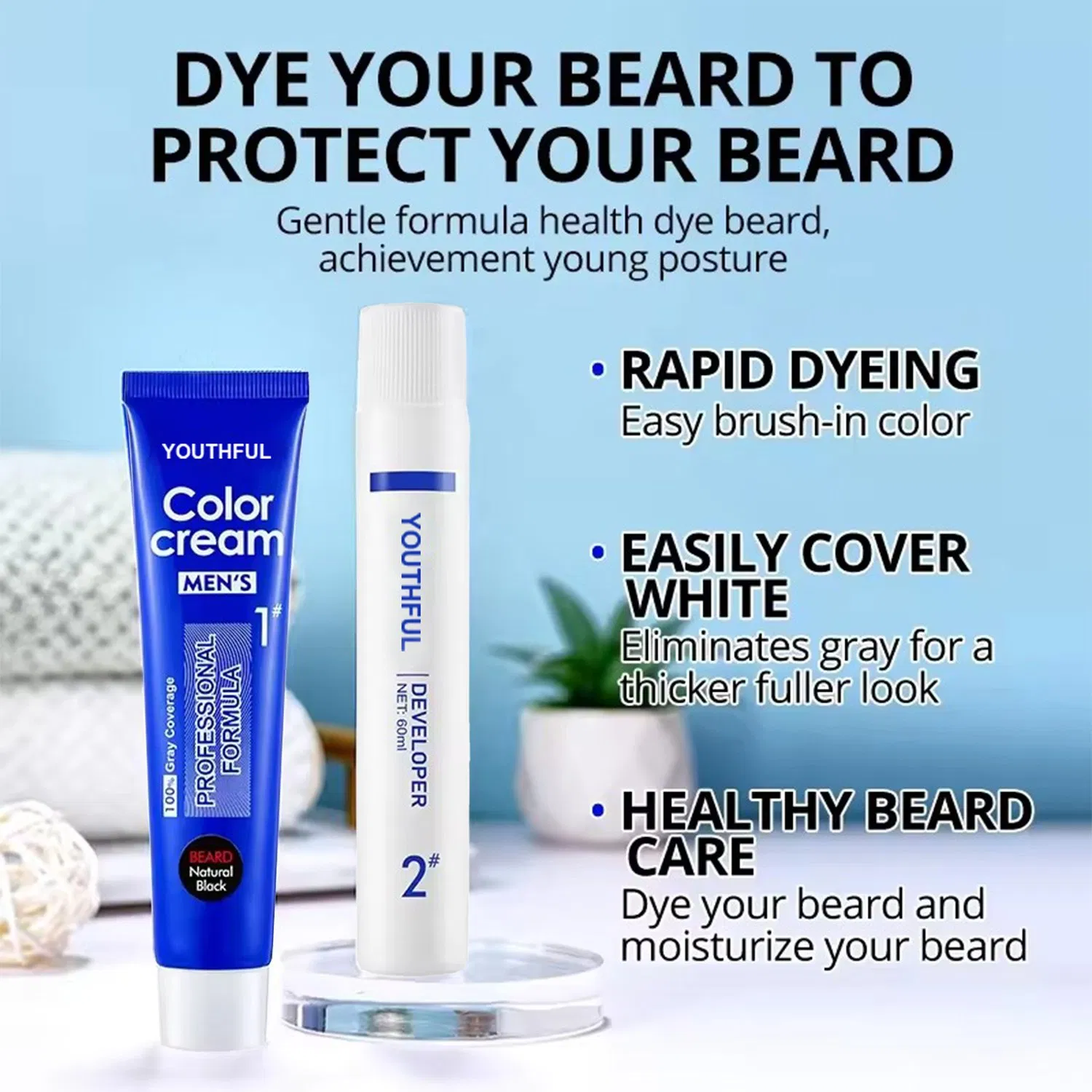 Natural Men Cover Gray Hair Beard Color Cream Black Developer