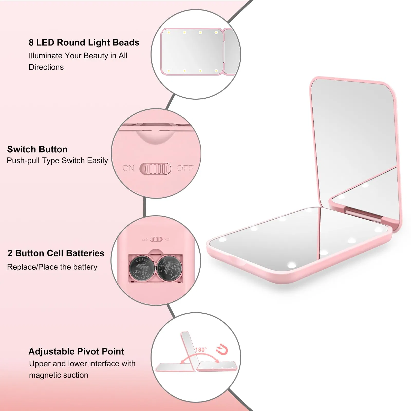 Portable Pocket Mirror with Built-in Battery and LED Light