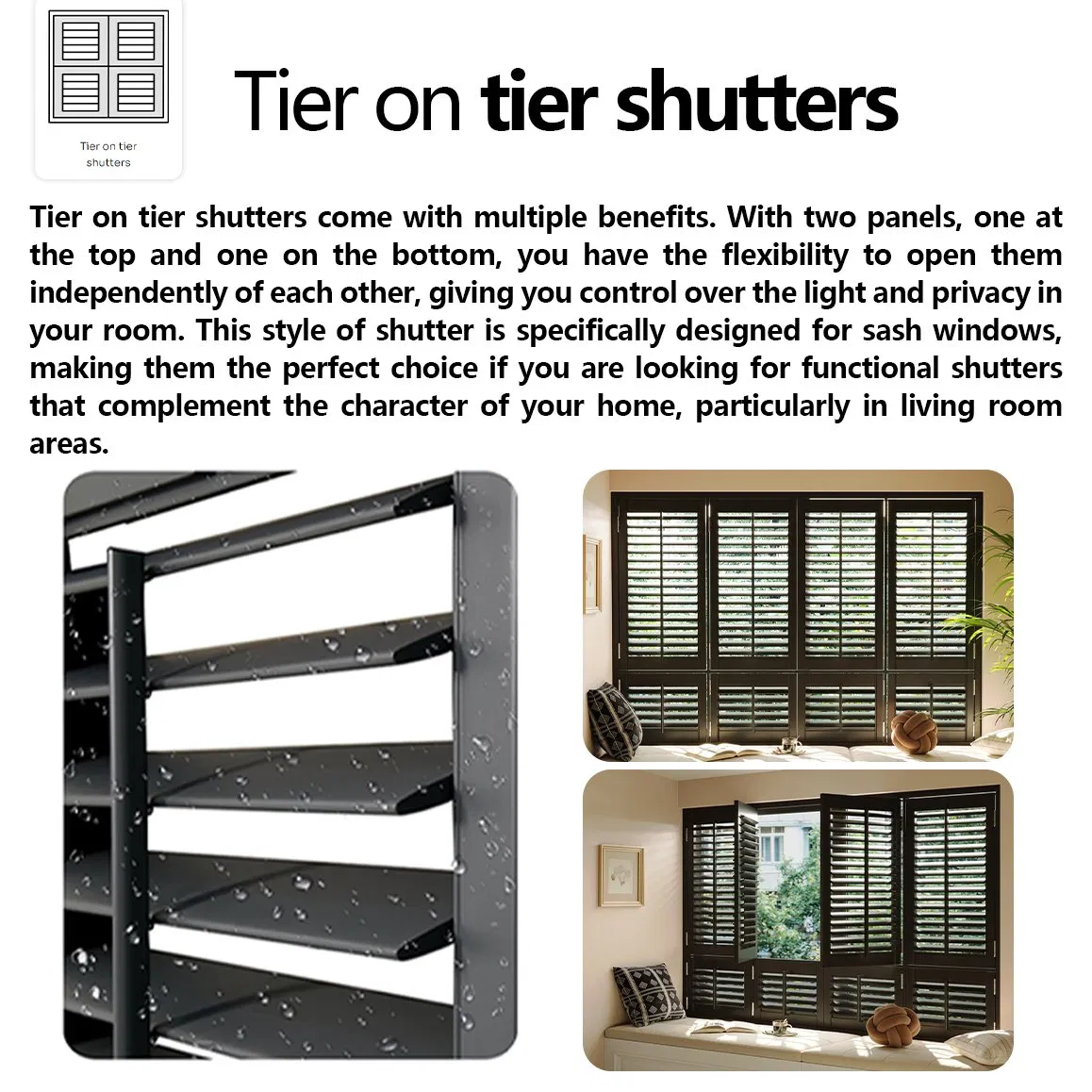 Plantation Shutters Tier-on-Tier Full Height Cafe Sliding Bifold Shaped Shutters for Home Decor Factory Supply Window Decoration Made of Basswood Paulownia PVC