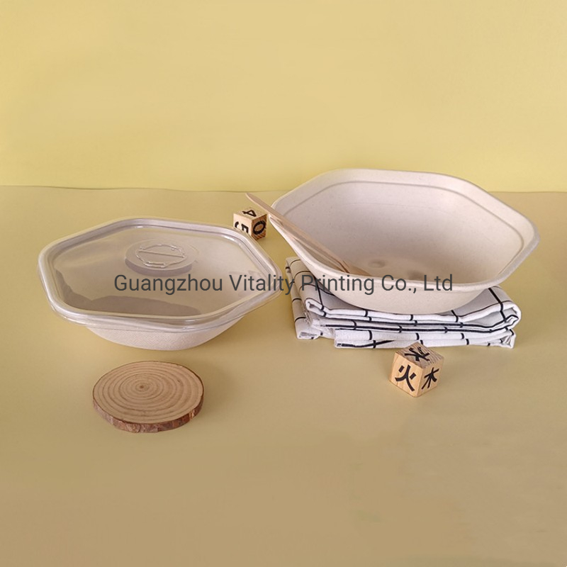 750ml Hexagon Takeaway Food Bowl with Pet Lid Disposable Compostable Eco Friendly Sugarcane Bagasse Pulp Rice Salad Bowls