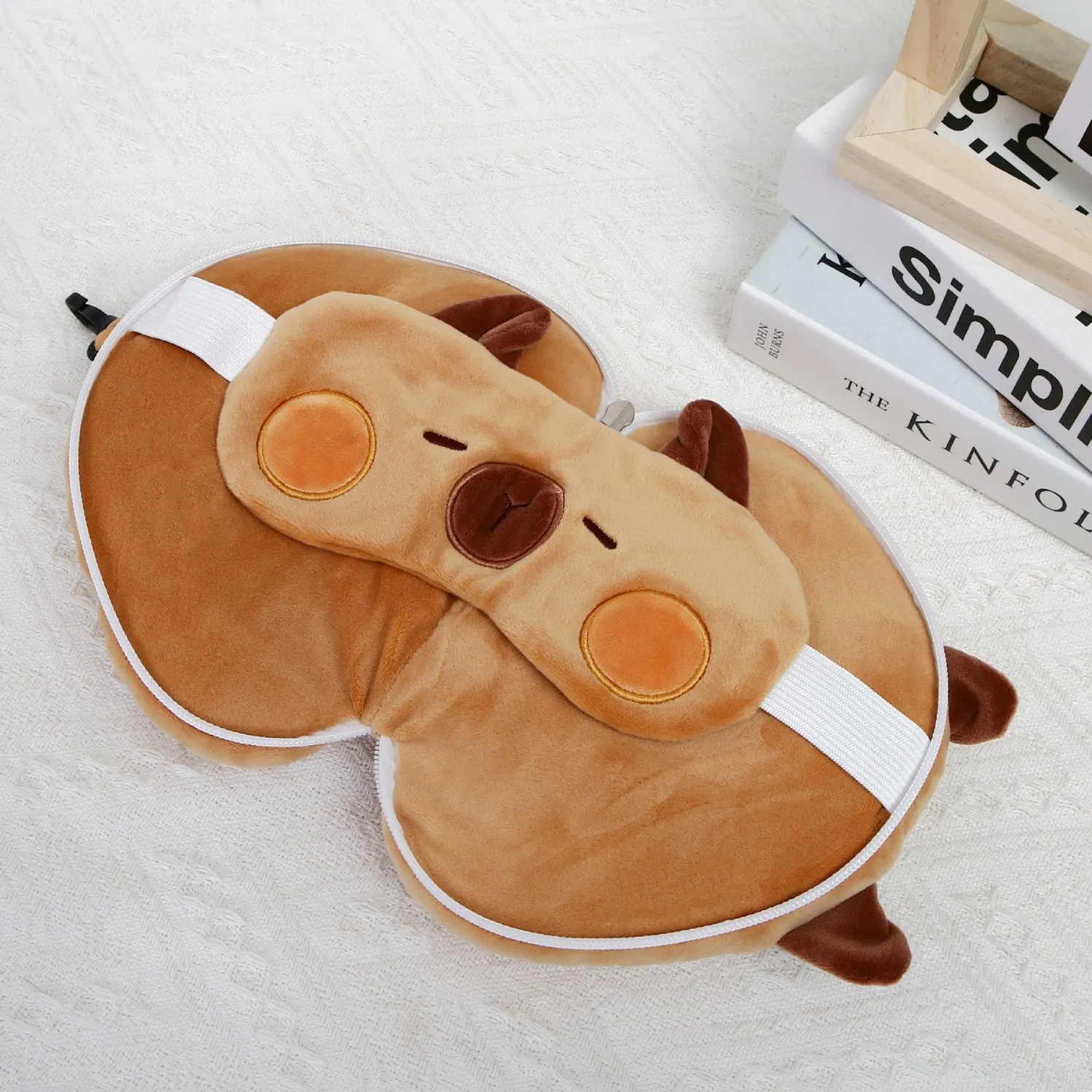 Cute Capybara Soft Plush Folding Neck Head 2 in 1 Travel Pillow Set Eye Mask