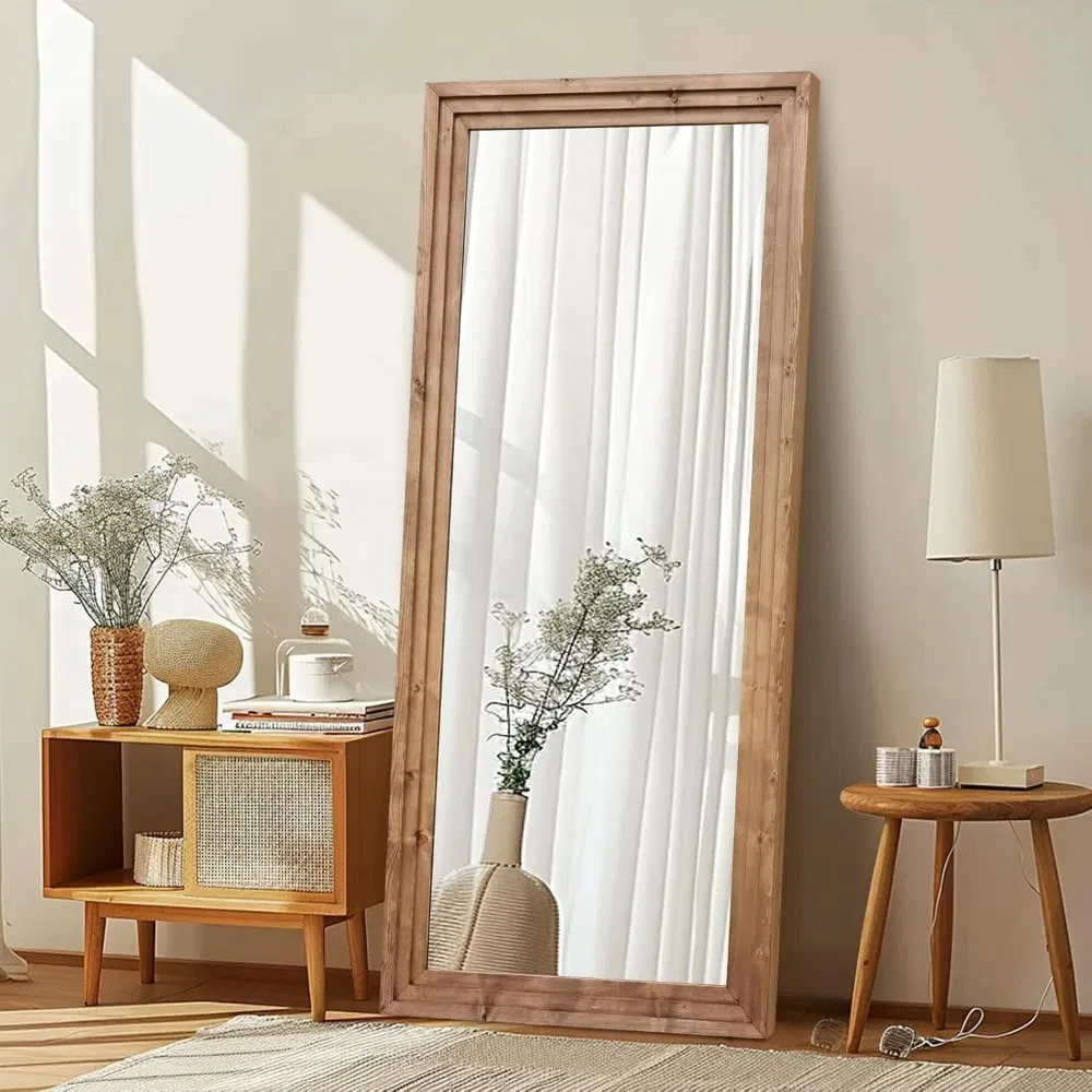 120*60 Cm Solid Wood Frame Floor Large Mirror for Living Room, Bedroom Hanging or Leaning Wall-Mounted, Light Brown