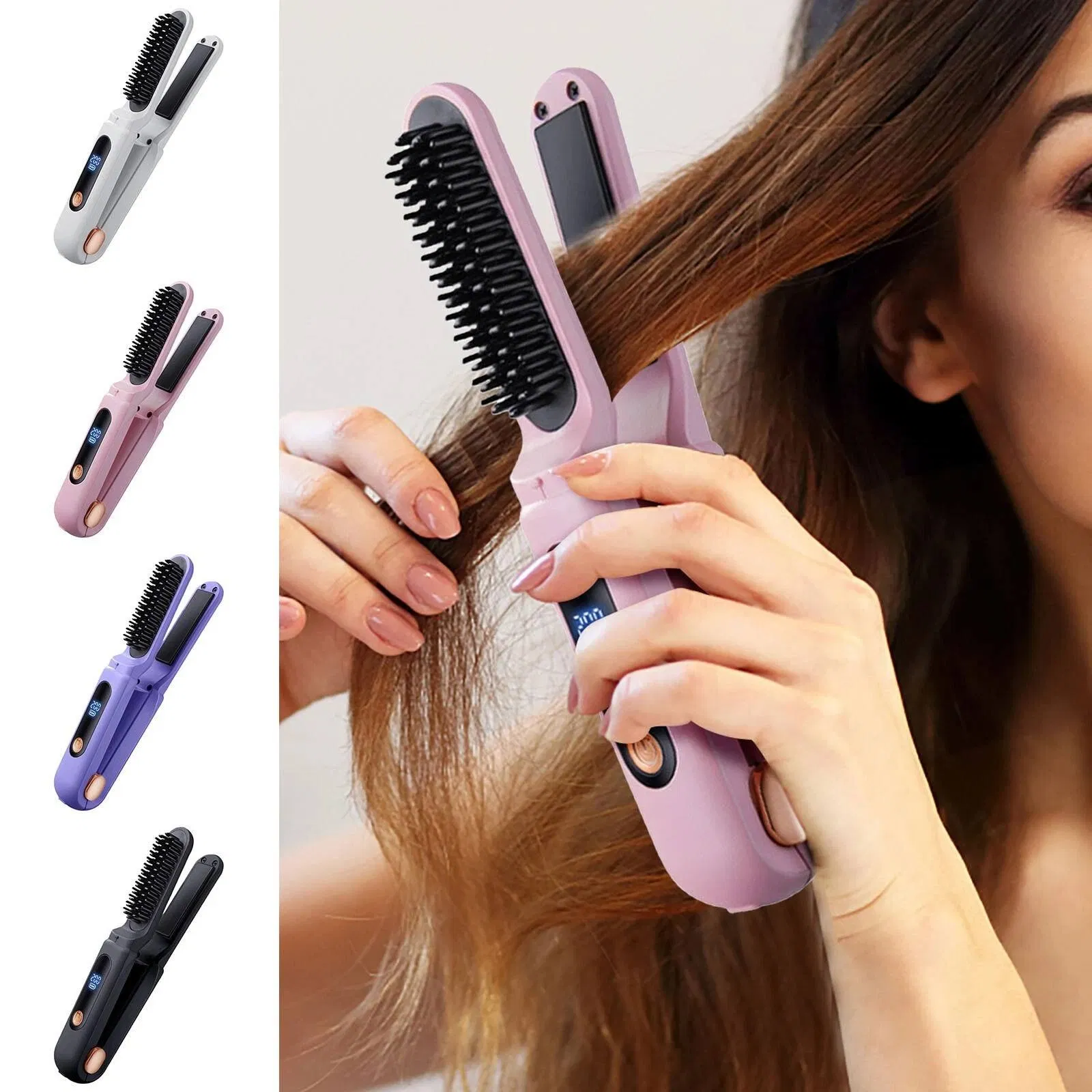 Cordless Hair Straightener Comb, Mini Dual-Purpose USB Rechargeable Straightening Brush, Portable Travel Flat Iron for Home Use