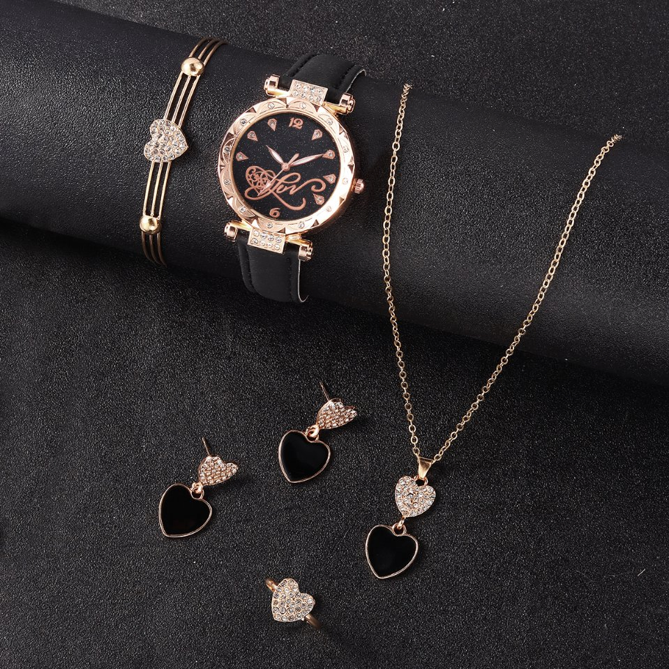 Romantic Heart Rhinestone Jewelry Women's Watch Set (6 Pieces)