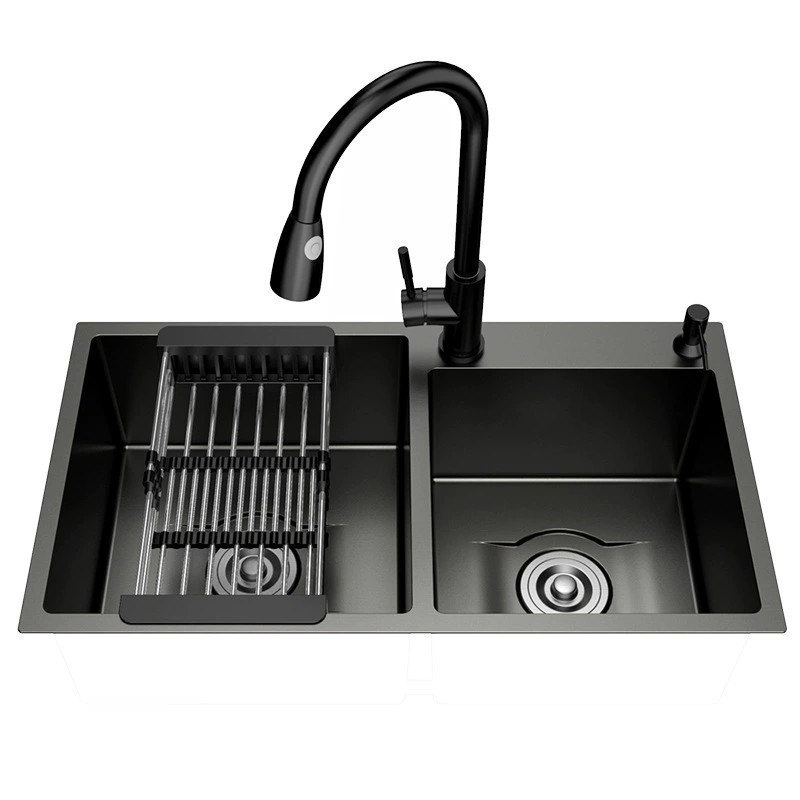 Nano Black Double Bowl Handmade Drop-in Kitchen Sink-Basin with Faucet, Factory Wholesale