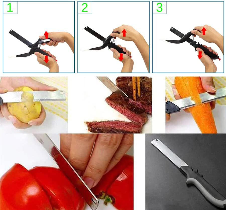 Ds-6616 Stainless Steel Vegetable Scissors Fruit Cutter, Veggie Slicer Scissors Food Chopper - Plus Knife Sharpener - 2 in 1 Scissor Cutting Board Slicer