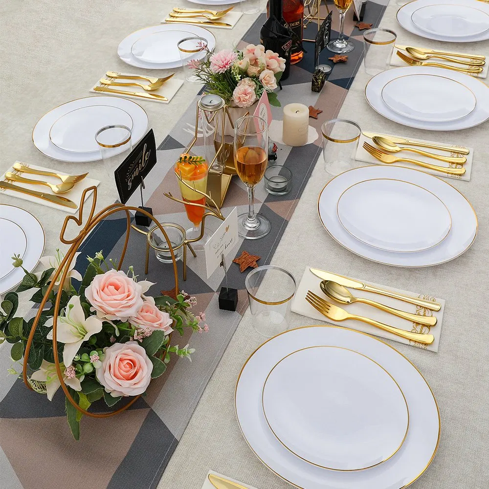 Wedding Party Premium Rose Gold Rim Plastic Plates Disposable Party Heavy Weight Cutlery Set and Disposable Dinnerware Set