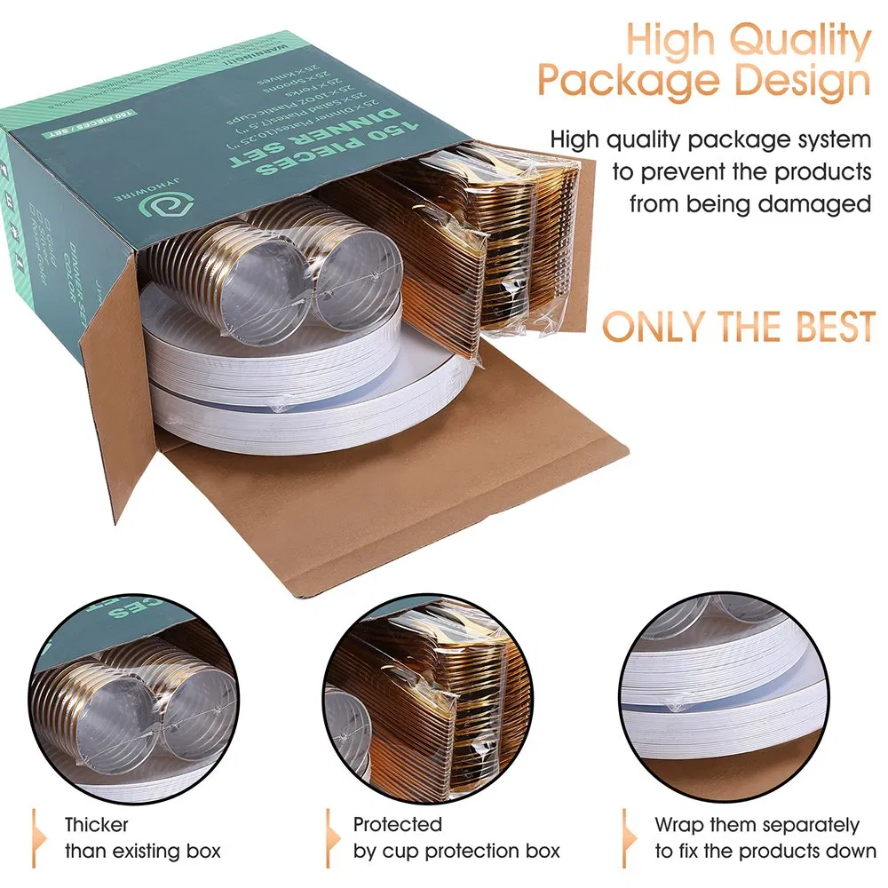 Wedding Party Premium Rose Gold Rim Plastic Plates Disposable Party Heavy Weight Cutlery Set and Disposable Dinnerware Set