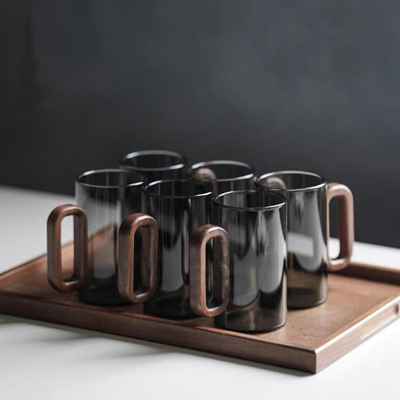 Premium Elegant Borosilicate Glass Cup with Stylish Walnut Grip