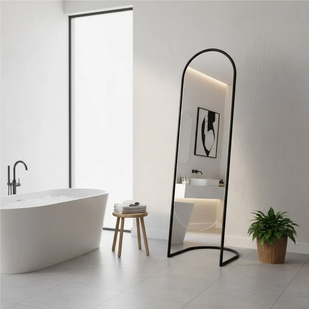 Contemporary Dressing Mirror: Arched Black Metal Stand