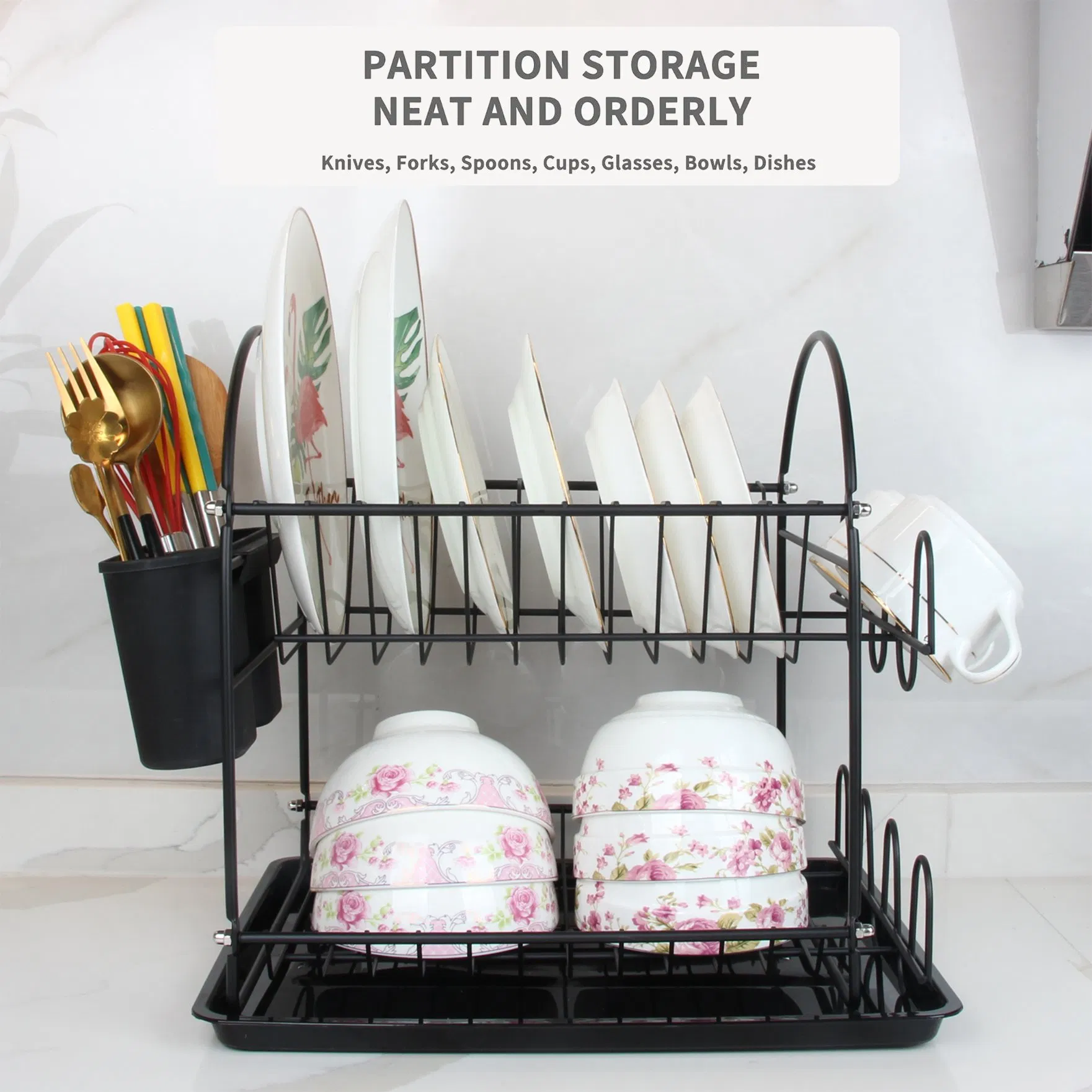 2 Tier Black Kitchen Dish Drainer Drying Rack for Dishes Cups