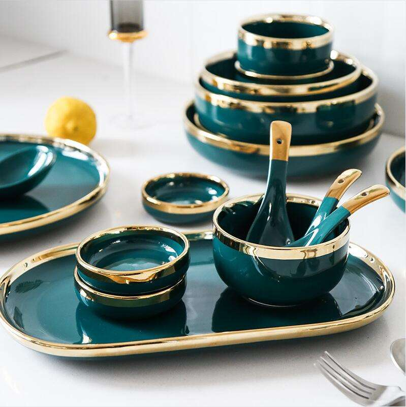 Nordic Light Luxury Golden Border Ceramic Dishes Dishes Tableware High Grade Grandmother Green Household Dishes Steak Plate