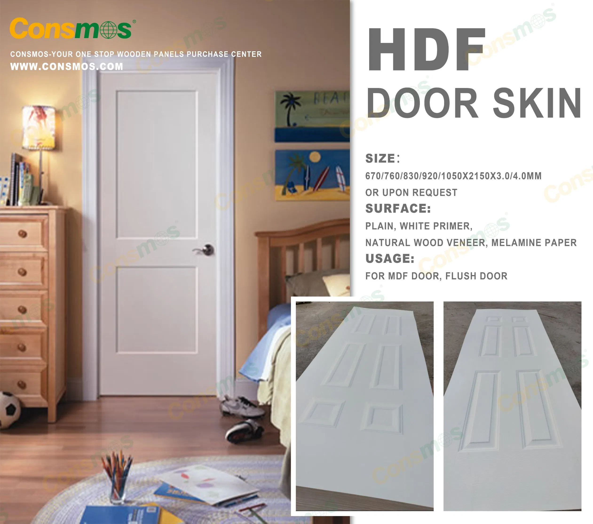 Consmos 915X2135X32mm 40mm Melamine Laminated HDF Molded Door Skin for Door