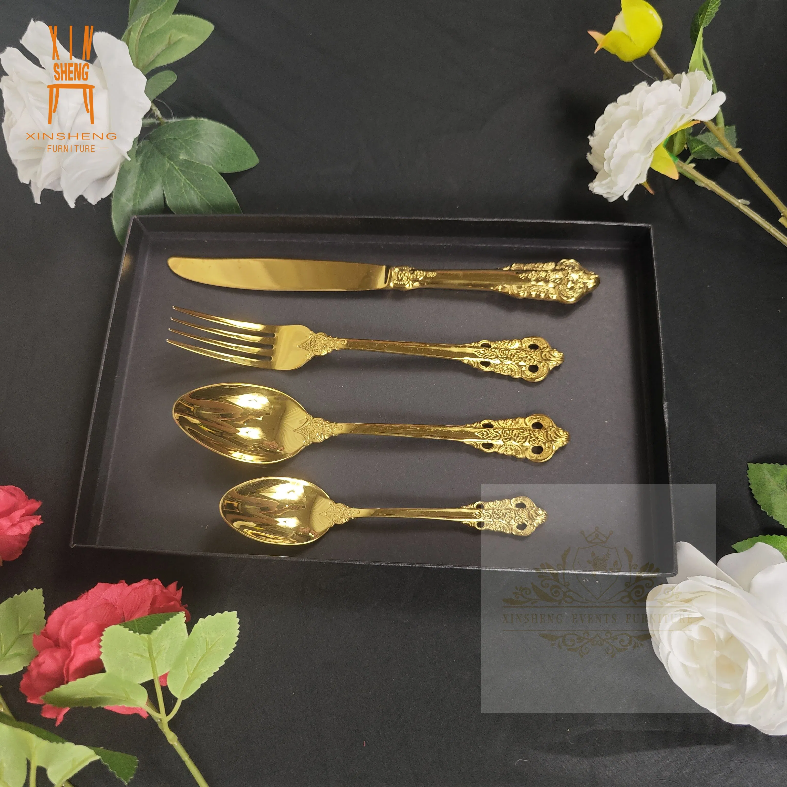 High Quality Royal Knife Fork Spoon Gold Luxury Vintage Cutlery Set with Gift Box for Wedding Party