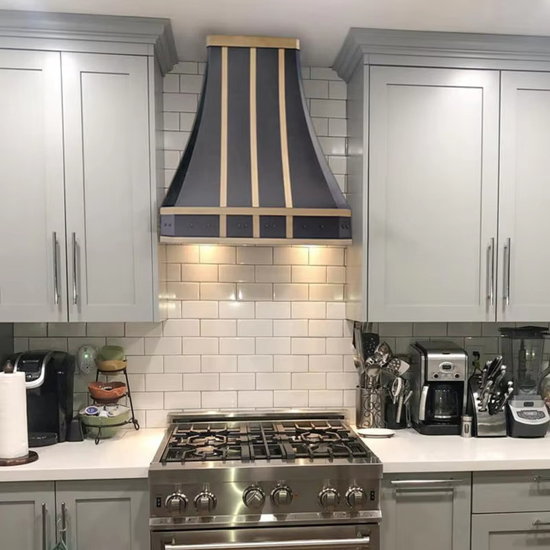 Customized Matte Black Patina Stainless Steel 48 Inches Wall Mount Kitchen Range Hood with Matte Brass Straps Down Draft Hood