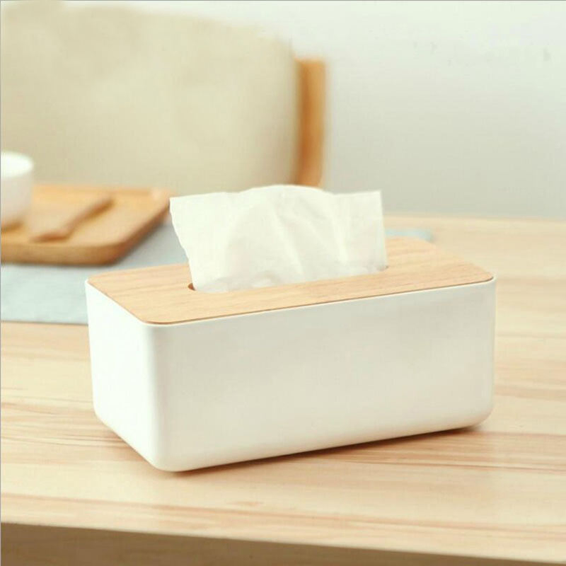 Elegant White Plastic Holder with Bamboo Lid for Table Storage