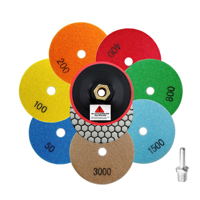 1set/9PCS 4inch 7 Pieces Dry Resin Bond Diamond Polishing Pad Set for Granite Marble with Plastic Back Pad Backer Holder Adapter