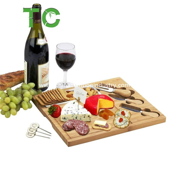 Wholesale Bamboo Cheese Board Set /Charcuterie Platter Serving Board With3 Stainless Steel Tools, 1 Ceramic Tray
