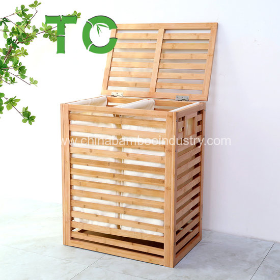 Wholesale Laundry Hamper with Lid Divided Clothes Hamper Bamboo Laundry Basket with 2 Removable Liner Bag