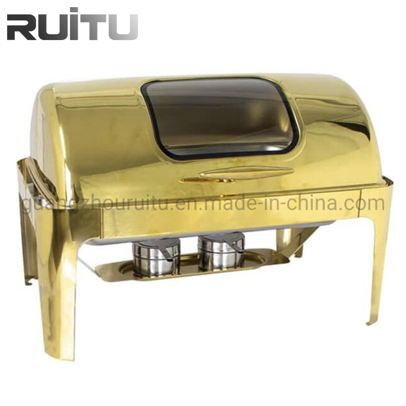 Catering Roll Top Chaffing Plated Food Warmer with Window Buffet Furnace Golden Color Brass 9L Shaffing Dish Gold Chafing Dish