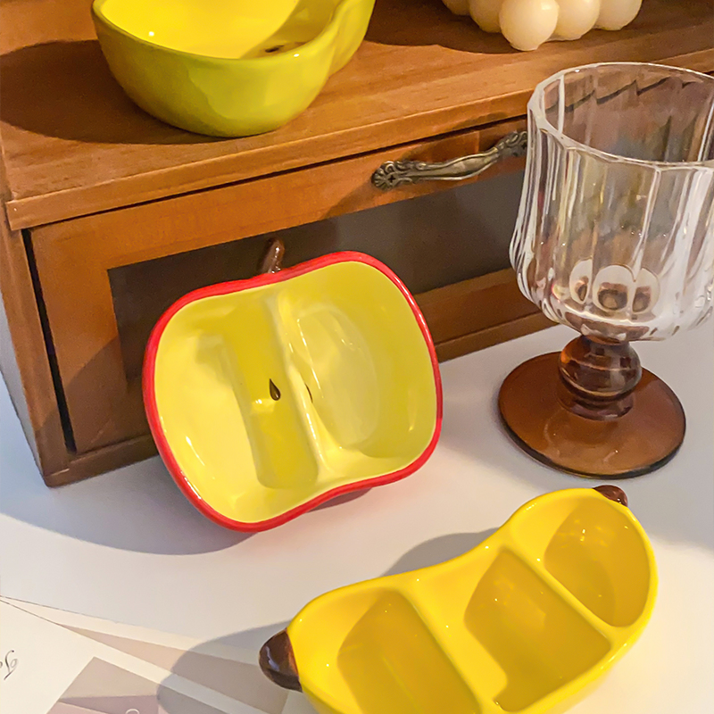 Stackable Fruit Shaped Ceramic Dipping Dish - Space-Saving Apple & Banana Snack Dishes