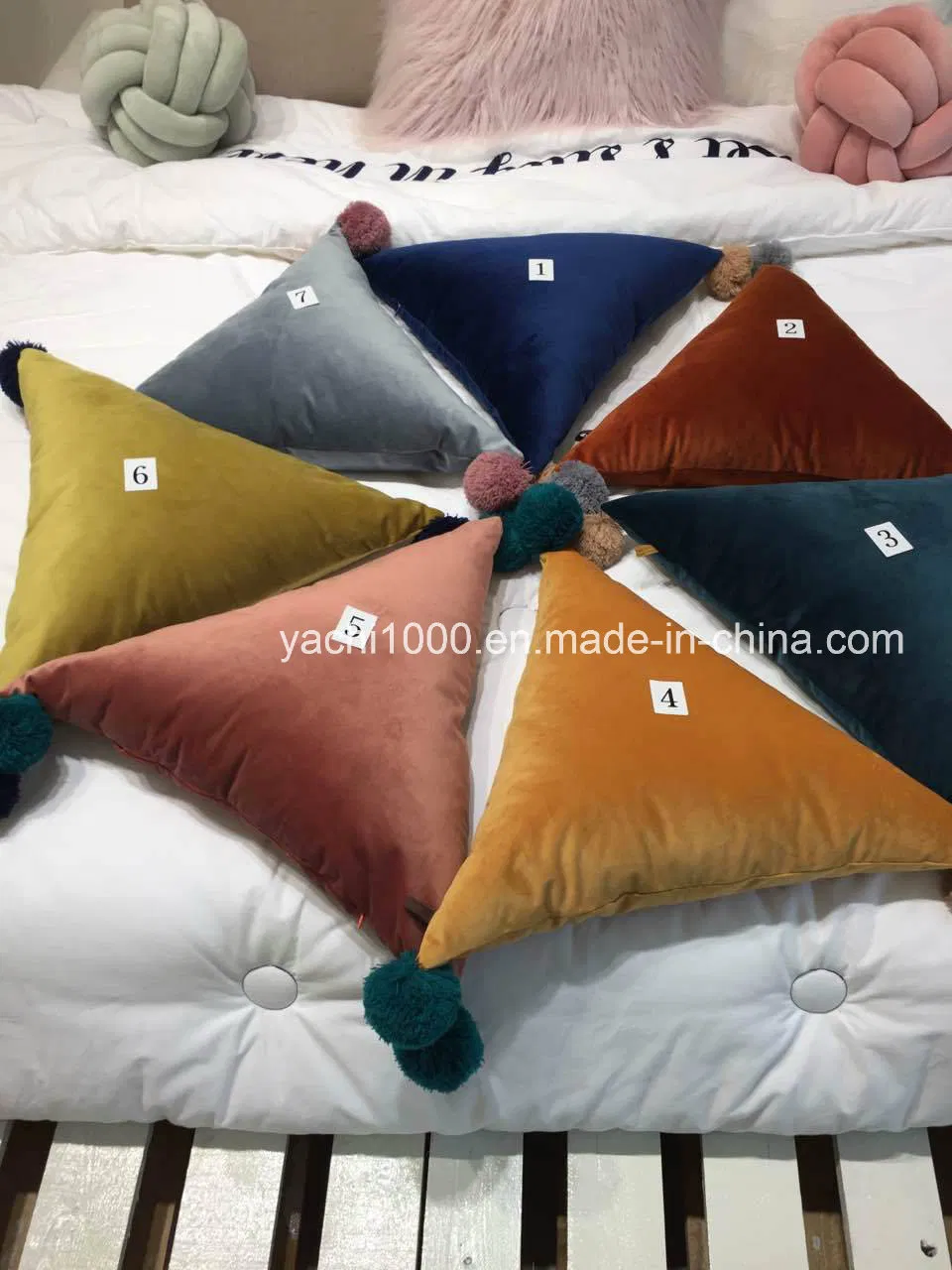 Novel Triangle Shaped Sofa Pillow with Hairball