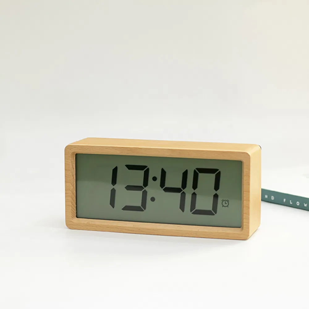 Solid Wooden LCD Alarm Snooze Clock Light Blue Backlight