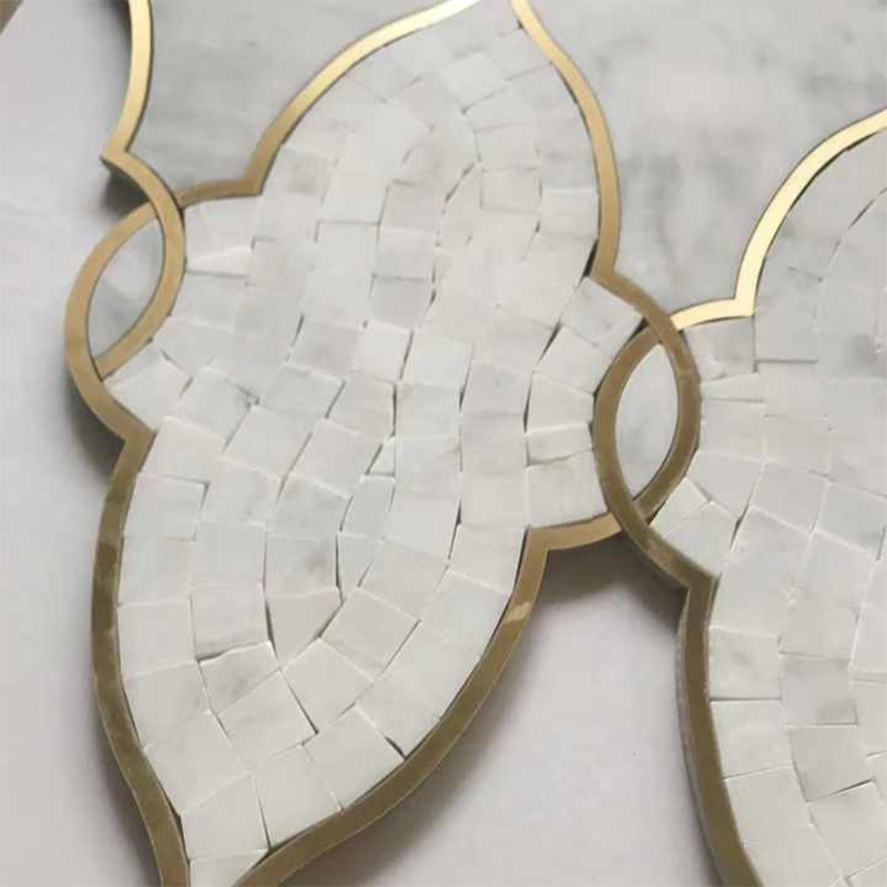Arabesque Brass Inlay Mosaic Lantern Design White Waterjet Marble Mosaic