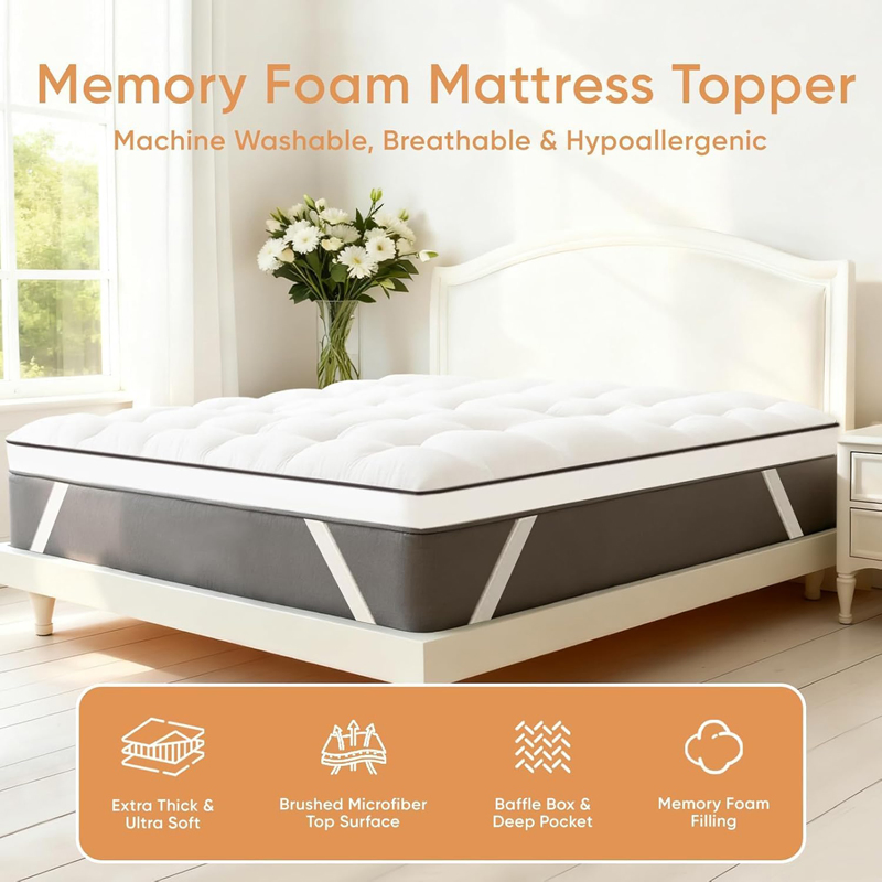 Memory Foam Mattress Topper Queen Extra Thick Shredded Foam 100% Cotton Mattress Pad Cover
